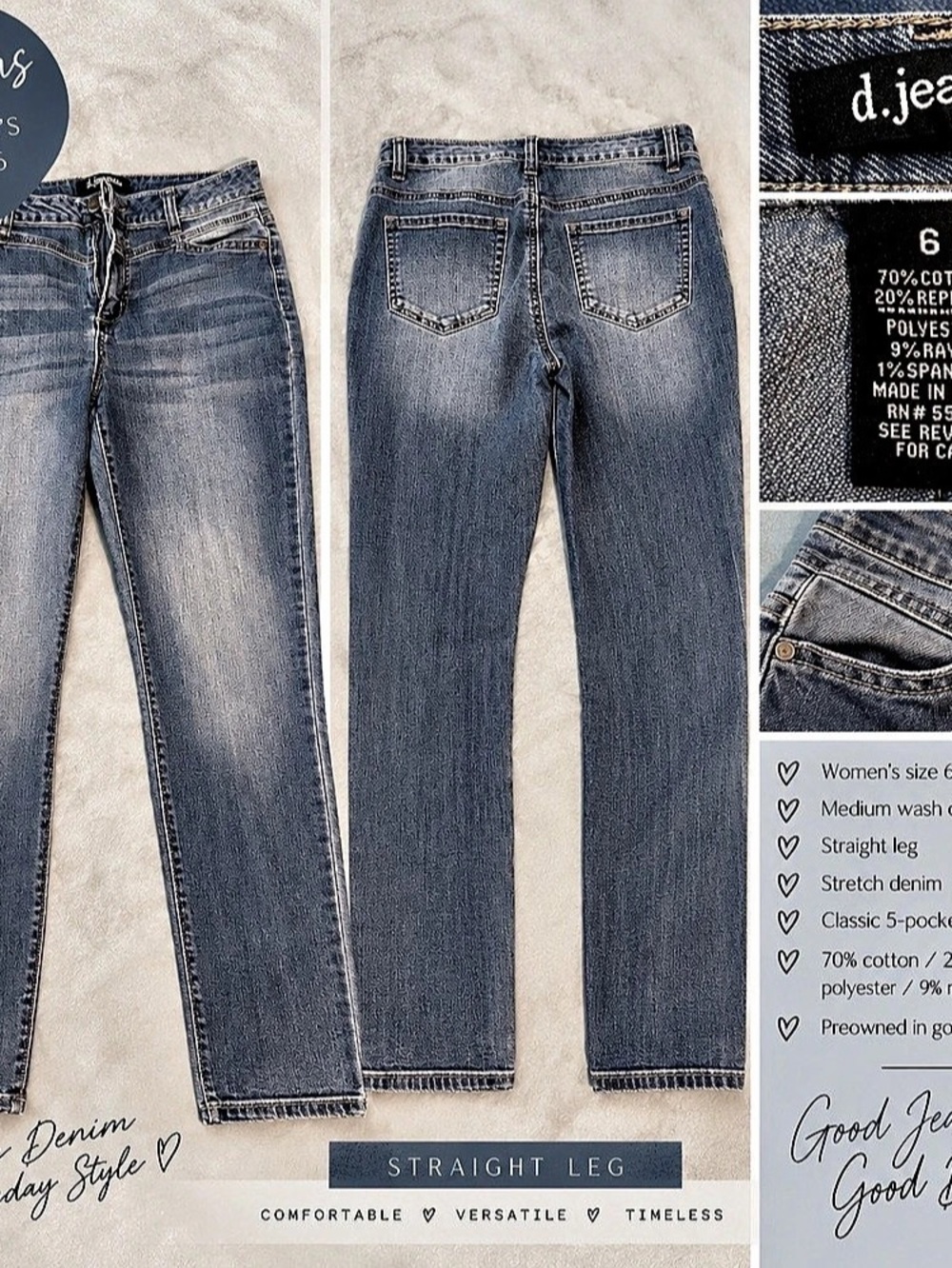 d.jeans Women's Straight Leg Denim Jeans Waist 6